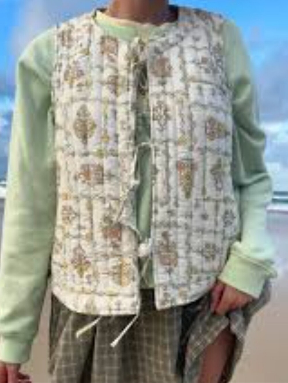 NWT Japna Quilted Floral Tie-Front Vest - Cream & Sage